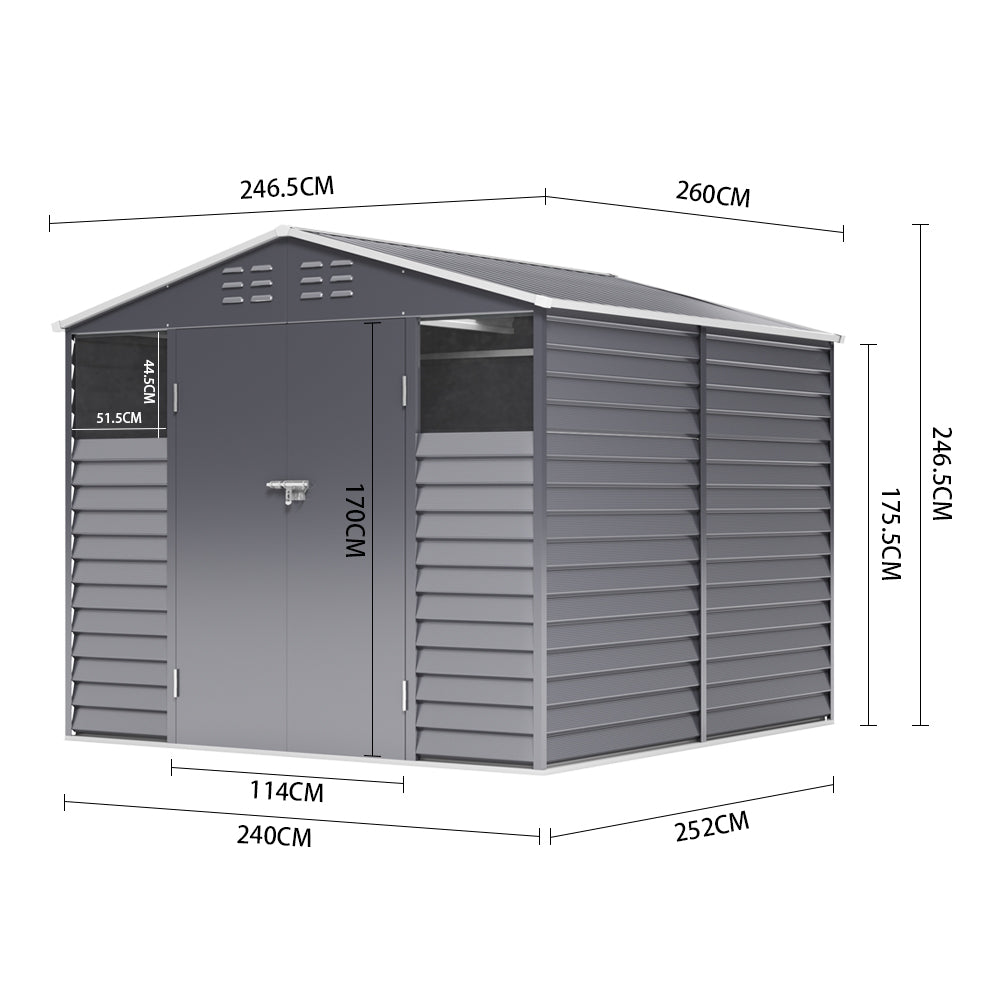 8×8ft Double-Door Charcoal Steel Tool Shed With Front Window and Ventilation