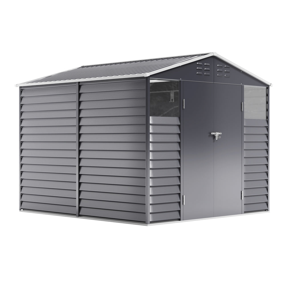 8×8ft Double-Door Charcoal Steel Tool Shed With Front Window and Ventilation