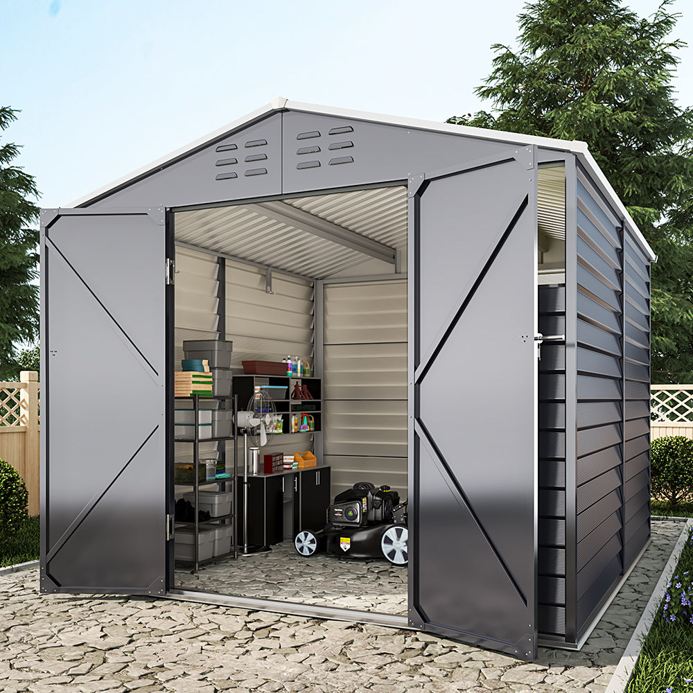 8×8ft Double-Door Charcoal Steel Tool Shed With Front Window and Ventilation