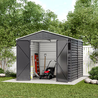 8×8ft Double-Door Charcoal Steel Tool Shed With Front Window and Ventilation