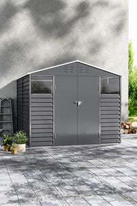 8×8ft Double-Door Charcoal Steel Tool Shed With Front Window and Ventilation