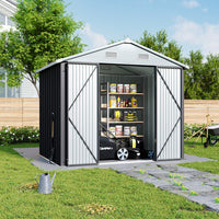 Spacious 8x6ft Gray Metal Garden Storage Shed with Open Doors – Ideal for Tools, Equipment, and Firewood