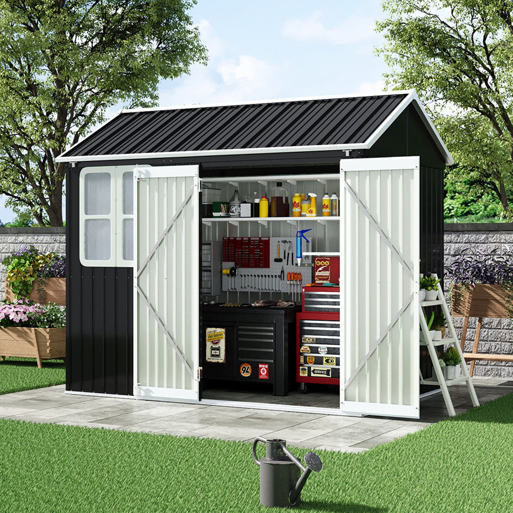 Spacious 8x5ft black metal storage shed with open doors – backyard garden use for tool and equipment storage