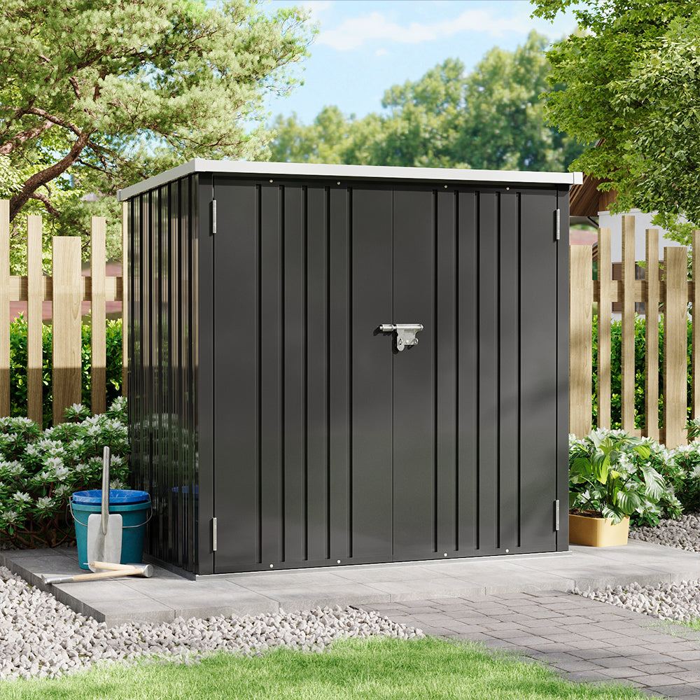 5x3ft grey outdoor metal tool storage shed with sloped roof and double doors – ideal for compact garden organization