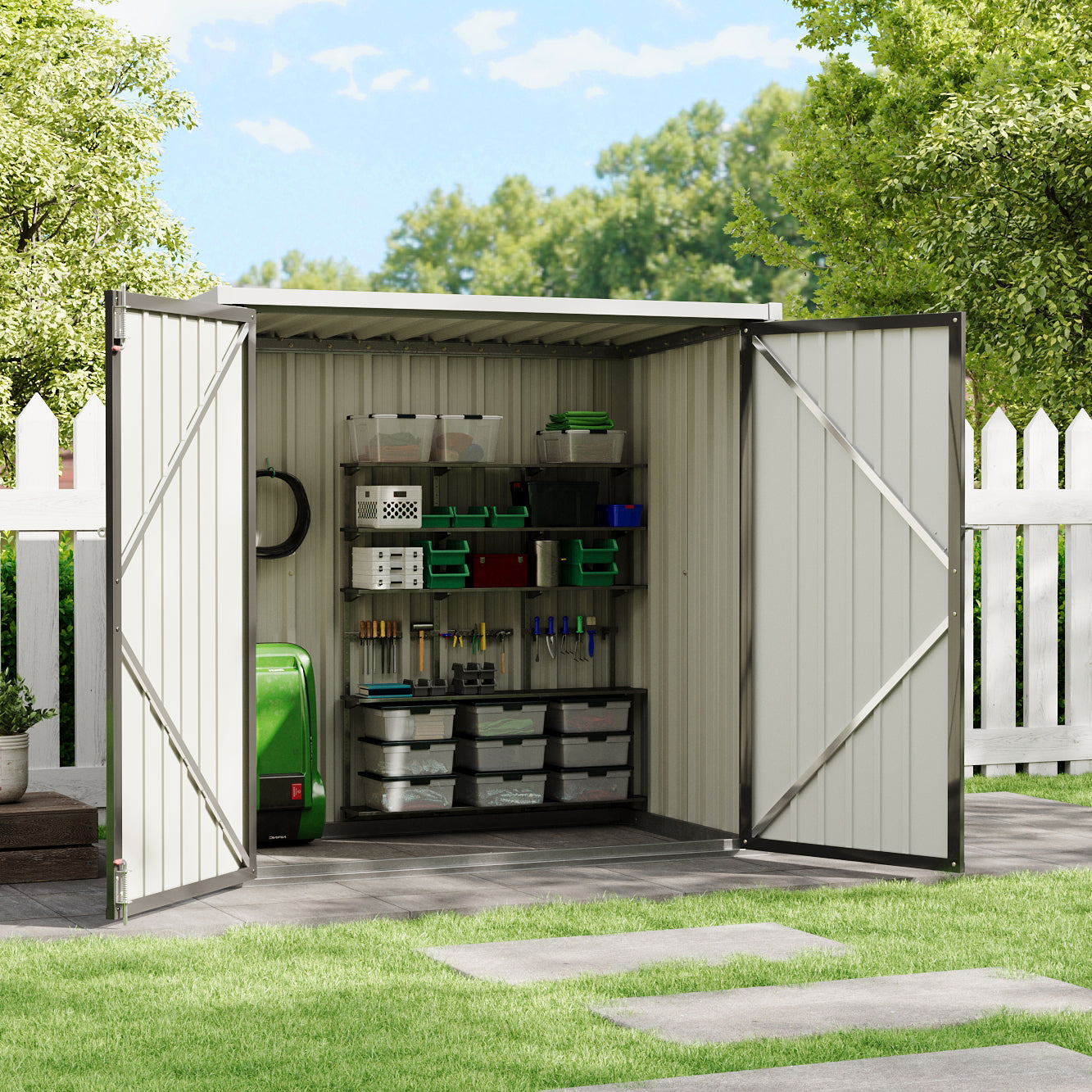 Grey metal storage shed 5x3ft shown open in garden setting – practical and space-saving solution for tools