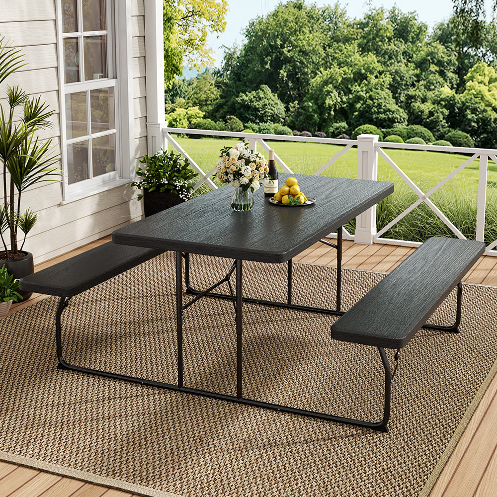 5.9' Garden Wood Texture Folding Outdoor Picnic Table Set with 2 Benches Set