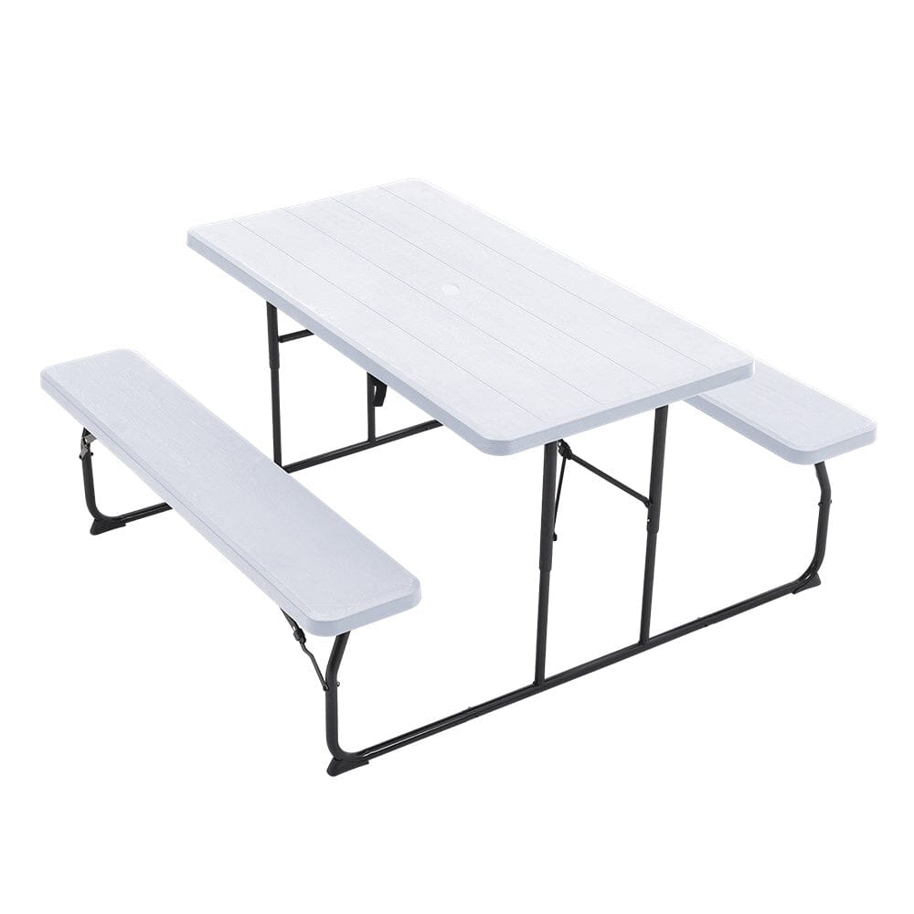 180cm Foldable Picnic Table and Bench Set with Parasol Hole Black/White Living and Home 