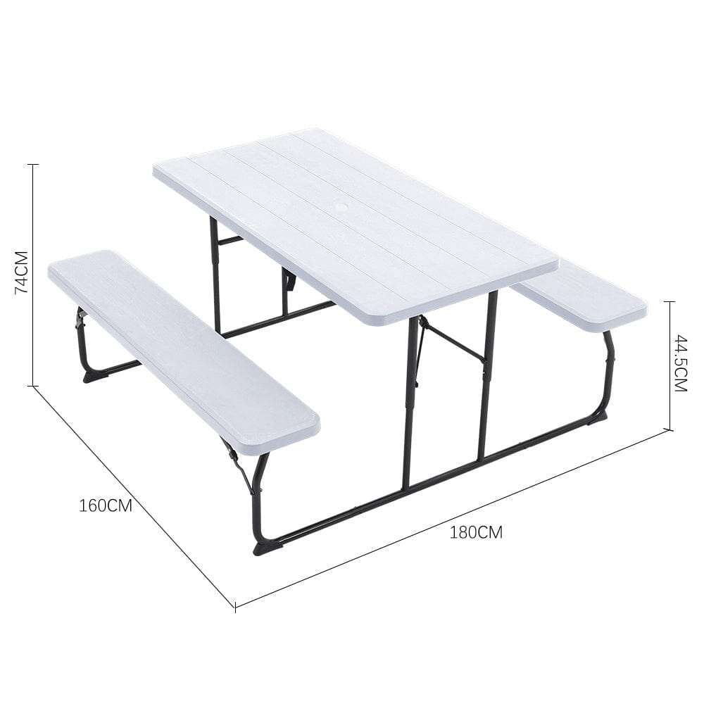 180cm Foldable Picnic Table and Bench Set with Parasol Hole Black/White Living and Home 