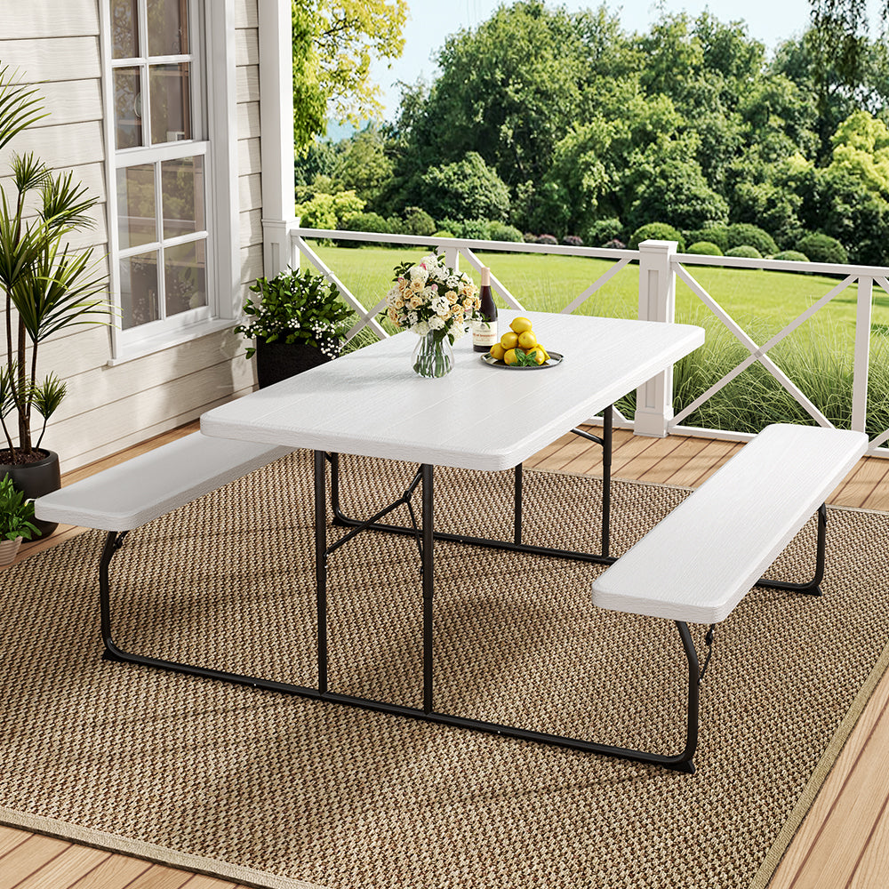 5.9' Garden Wood Texture Folding Outdoor Picnic Table Set with 2 Benches Set