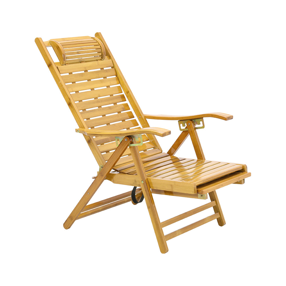 Garden Bamboo Foldable Recliner Lounge Chair with Retractable Footrest