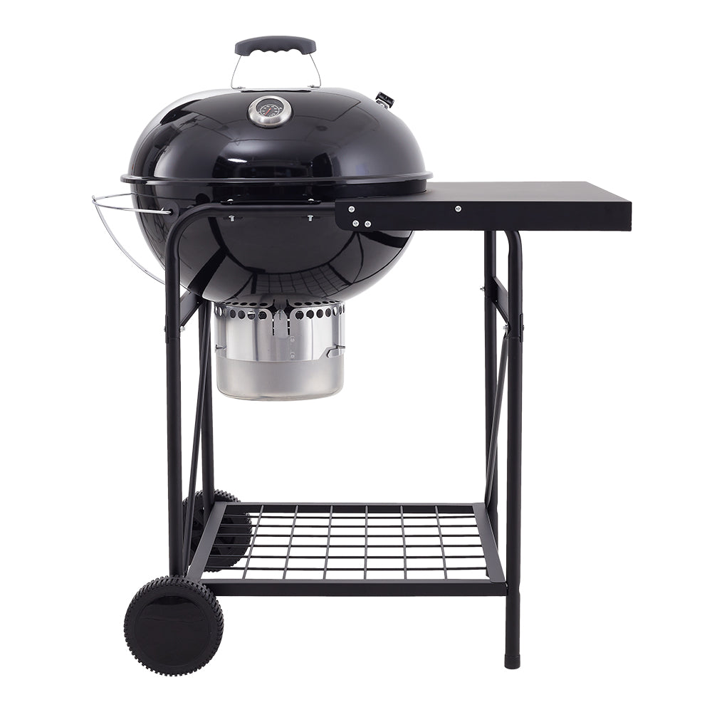 Black Outdoor Round Charcoal Grill with Side Table and Wheels