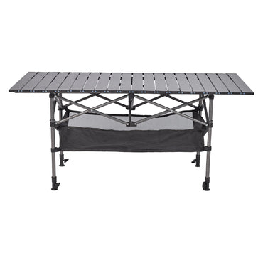 120cm Folding Camping Table with Storage Compartments - Aluminium frame and fabric shelves on white background