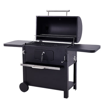 Black Outdoor Carbon Steel Grill with Smoke Stack and Wheels