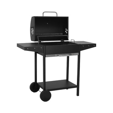 Black Outdoor Garden Charcoal Grill with Dual Side Tables and Wheels