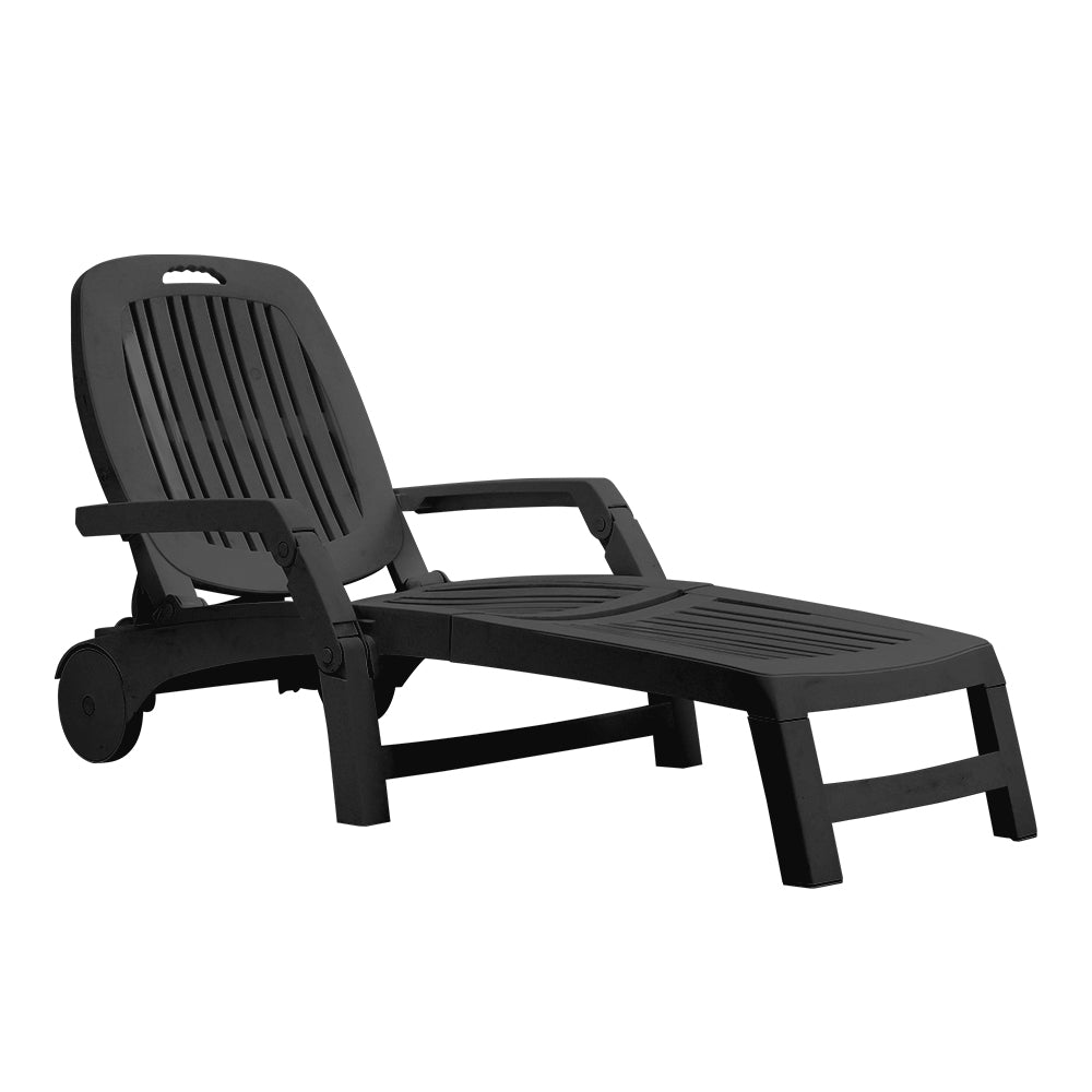 Black adjustable recliner chair with wheels – studio side view