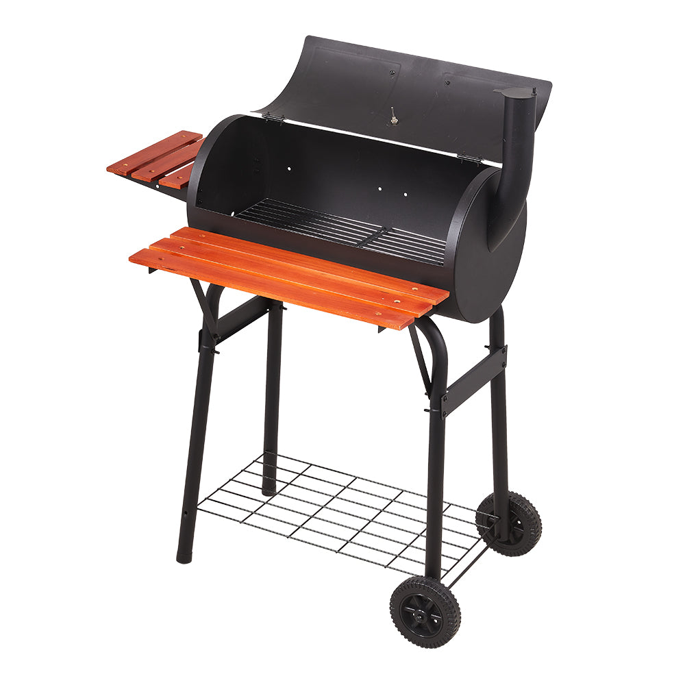 Black Outdoor Garden Portable Barrel Charcoal BBQ Grill Smoker with Side Shelves