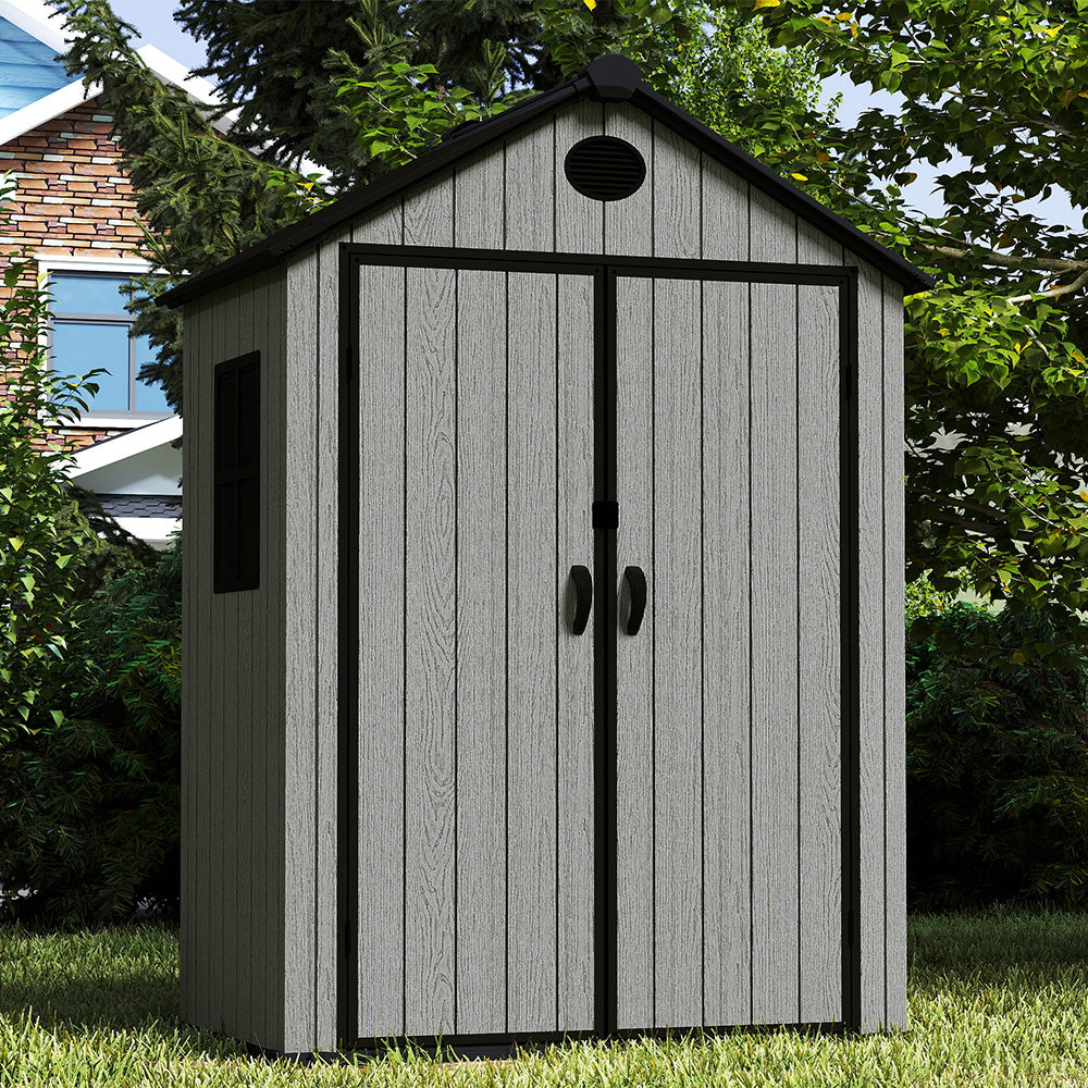 6ft Grey Wood Grain Tool Shed with Apex Roof & Lockable Door