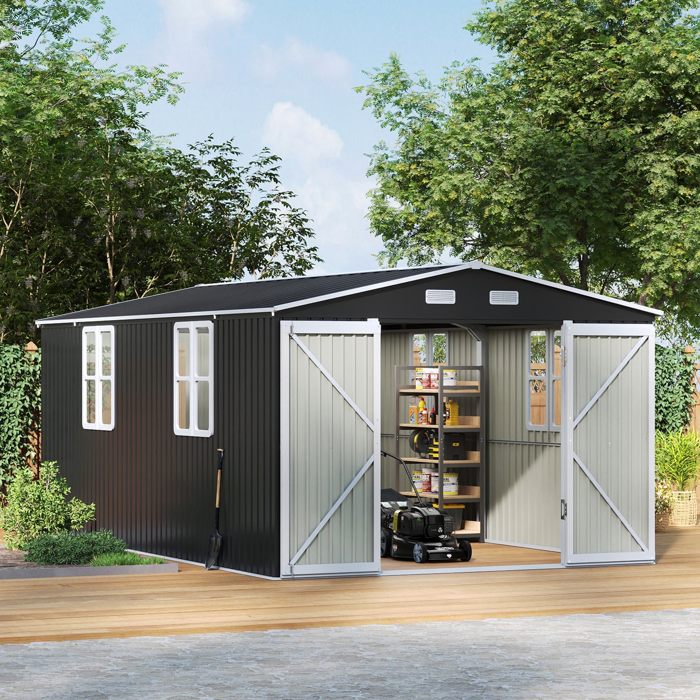 10ft Metal Garden Storage Shed with Apex Roof & Double Doors