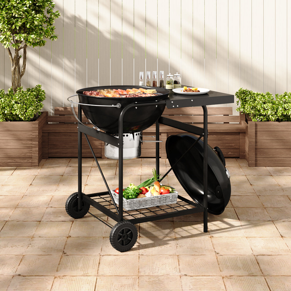 Black Outdoor Round Charcoal Grill with Side Table and Wheels