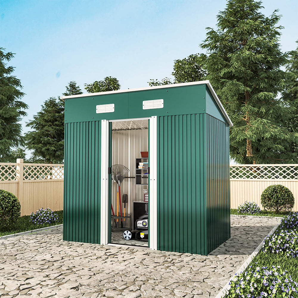 6x4ft Metal Garden Storage Shed with Pent Roof & Sliding Door