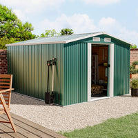 10x8ft Metal Garden Storage Shed with Apex Roof & Sliding Doors