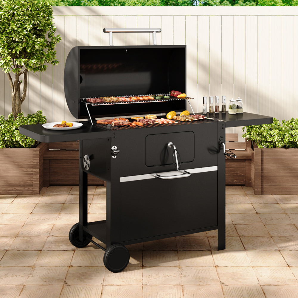 Black Outdoor Carbon Steel Grill with Smoke Stack and Wheels