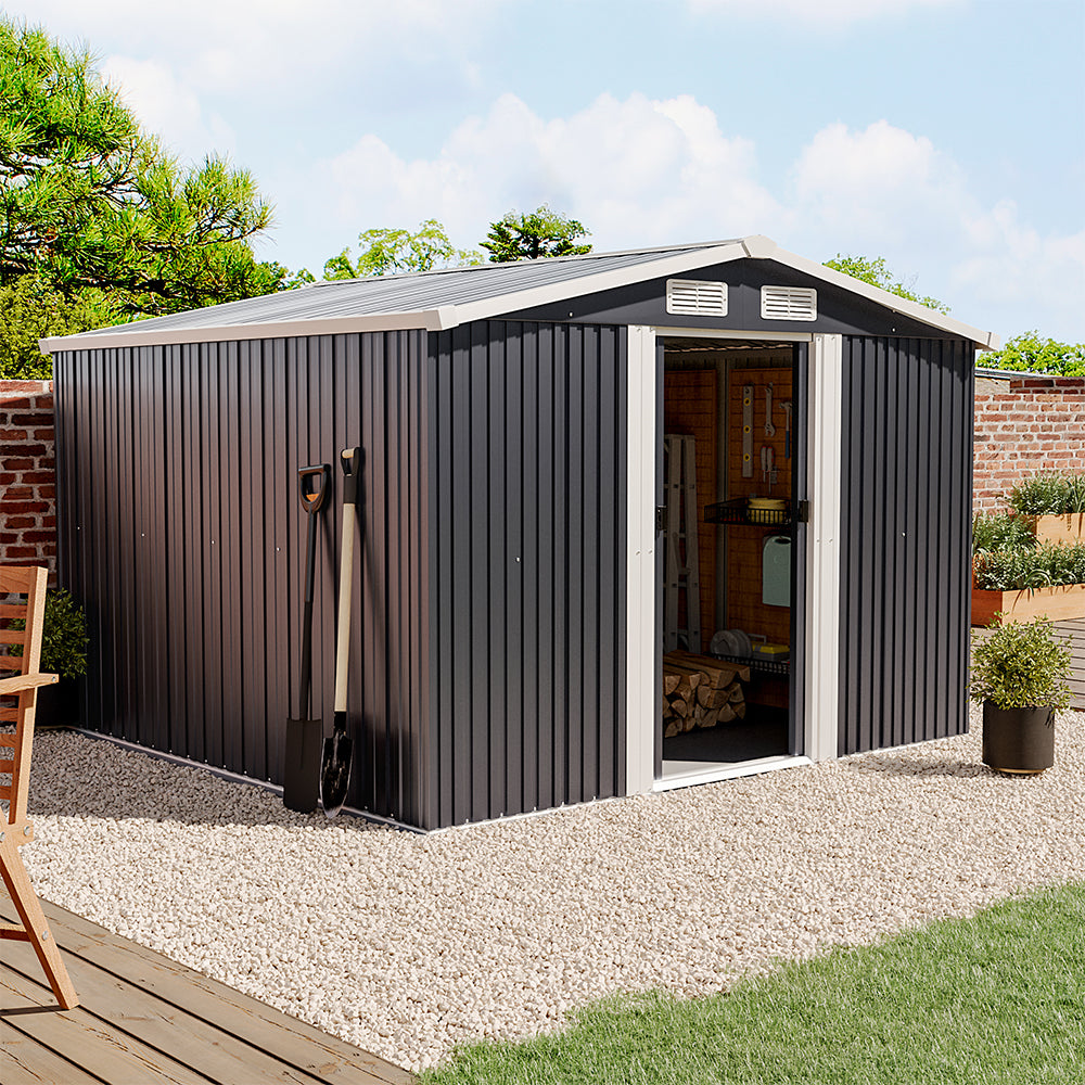 8x8ft Metal Garden Storage Shed with Apex Roof & Sliding Door