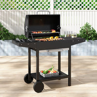 Black Outdoor Garden Charcoal Grill with Dual Side Tables and Wheels