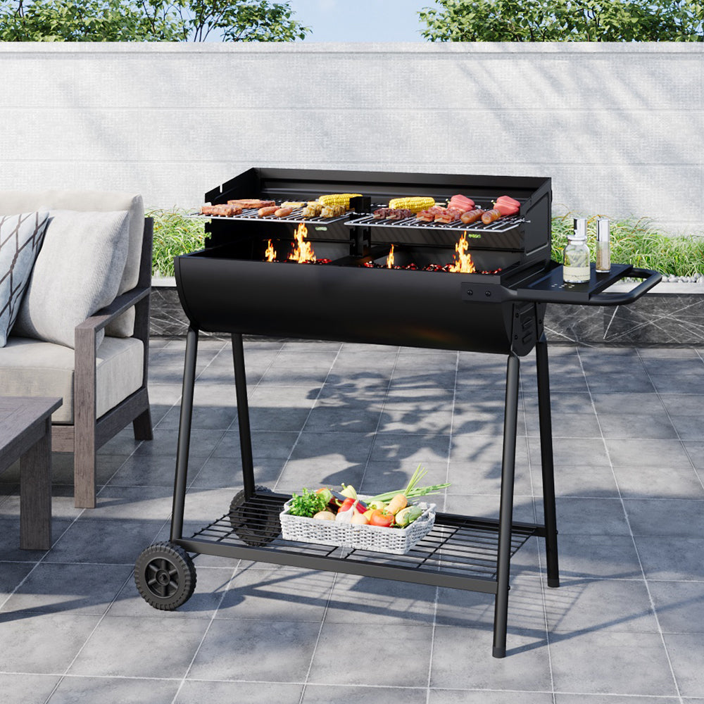 Black Outdoor Garden Charcoal Grill with Wheels and Side Table