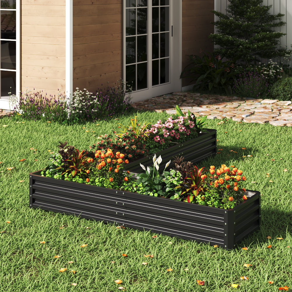 Charcoal black L-shaped metal garden raised bed – waterproof planter for outdoor use, perfect for gardening