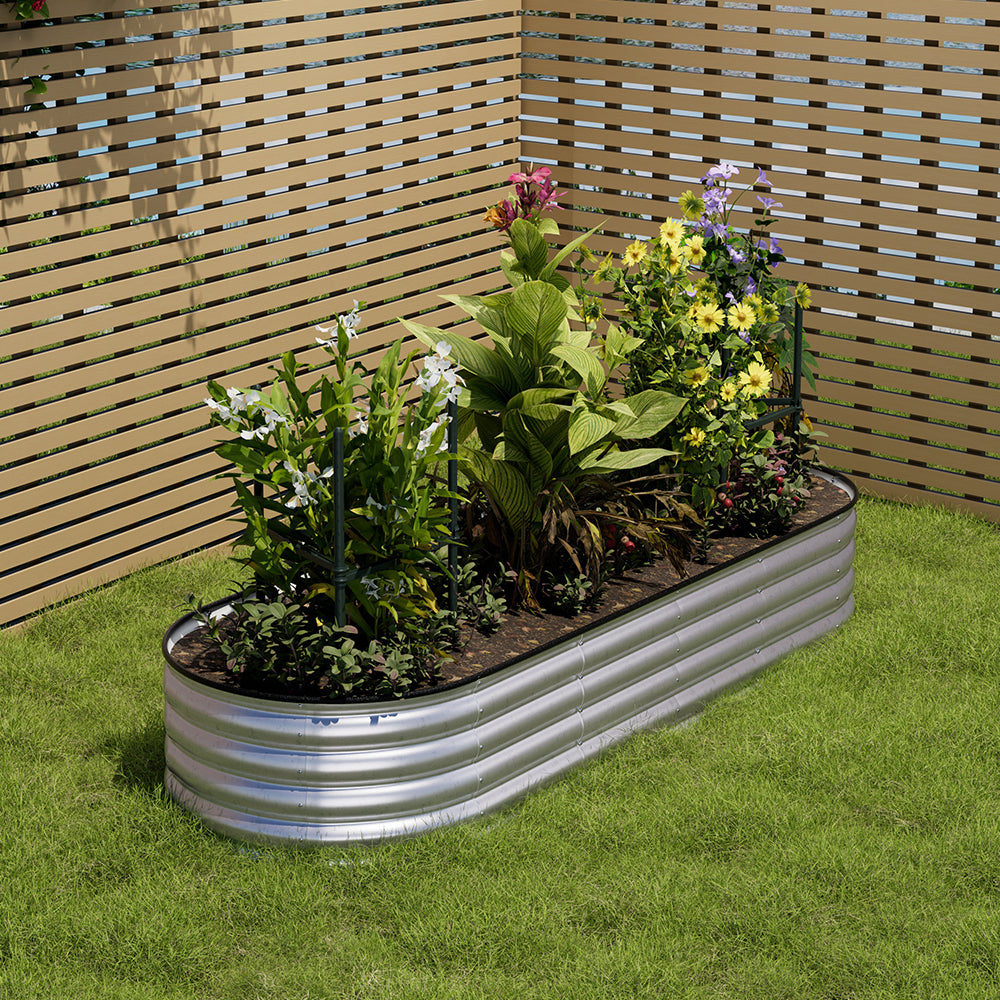 Galvanized silver oval raised garden bed – durable outdoor planter made of galvanized steel for vegetable and flower gardening