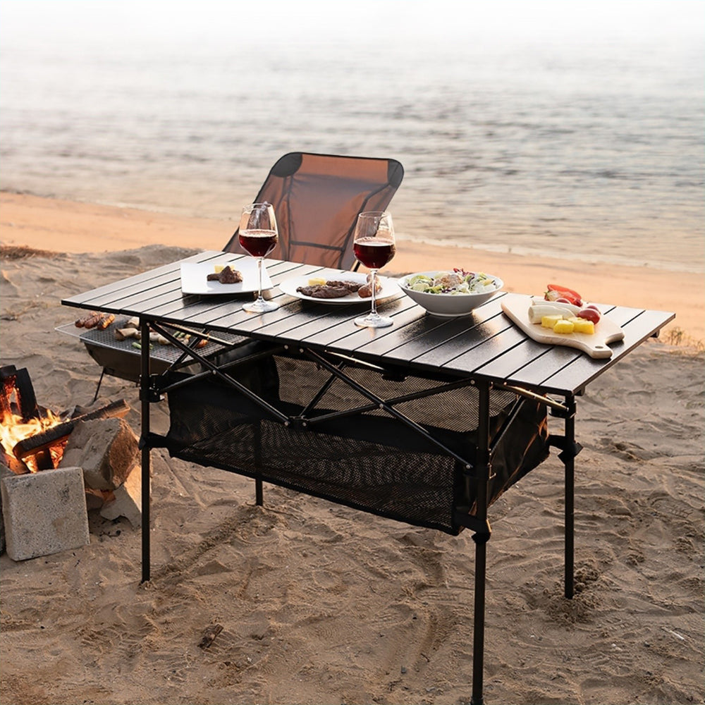 120cm Adjustable Folding Camping Table with Built-In Storage Shelves - Portable outdoor table for camping and picnics