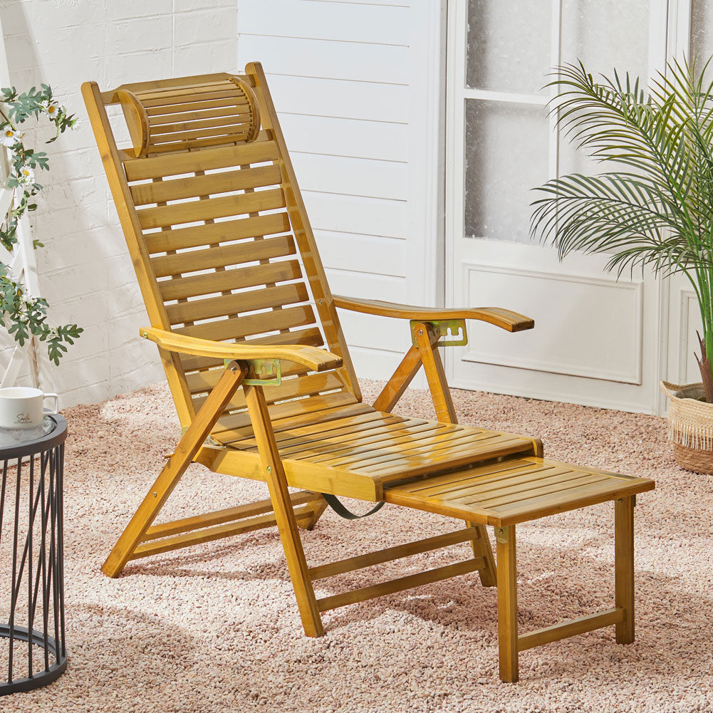 Garden Bamboo Foldable Recliner Lounge Chair with Retractable Footrest