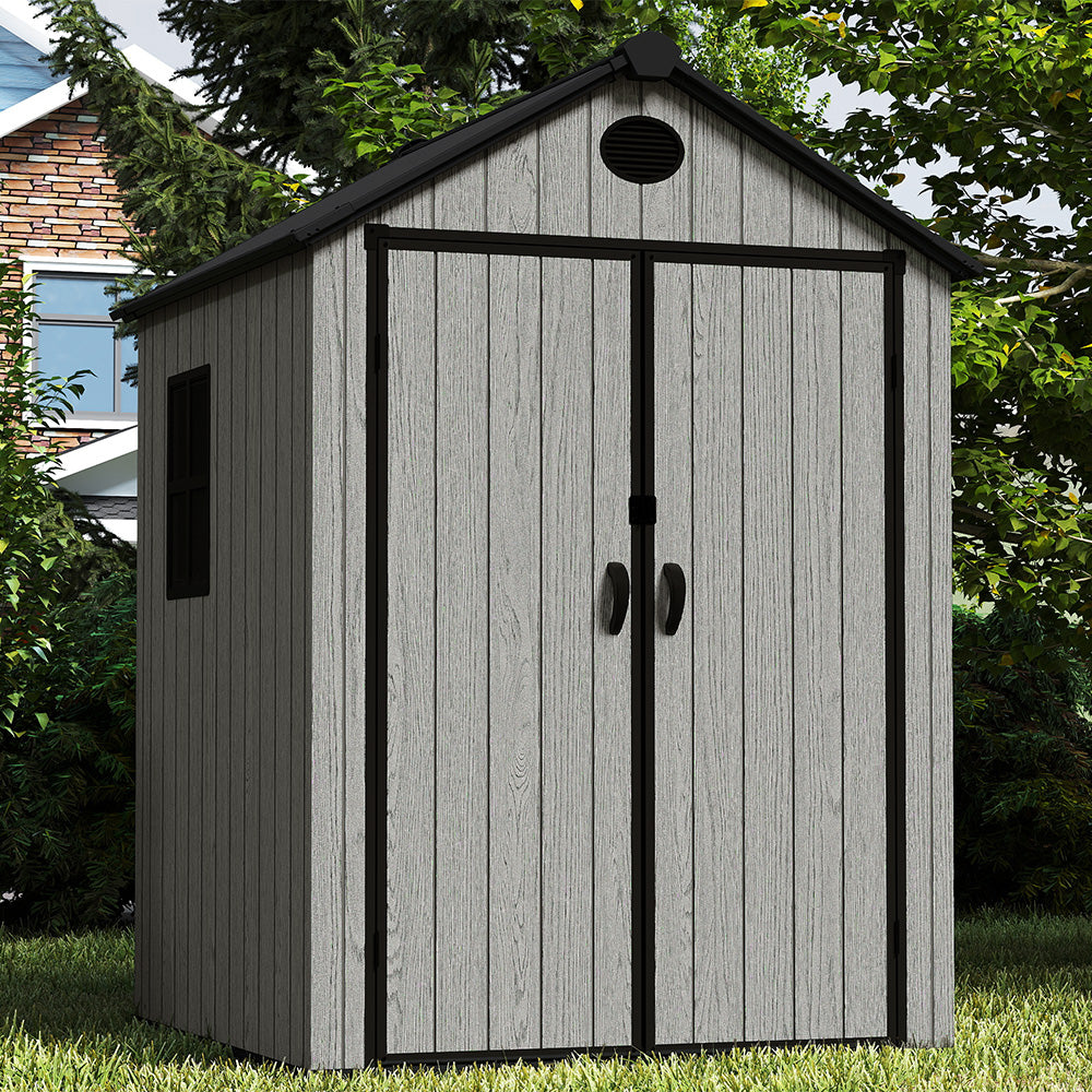 6ft Grey Wood Grain Tool Shed with Apex Roof & Lockable Door