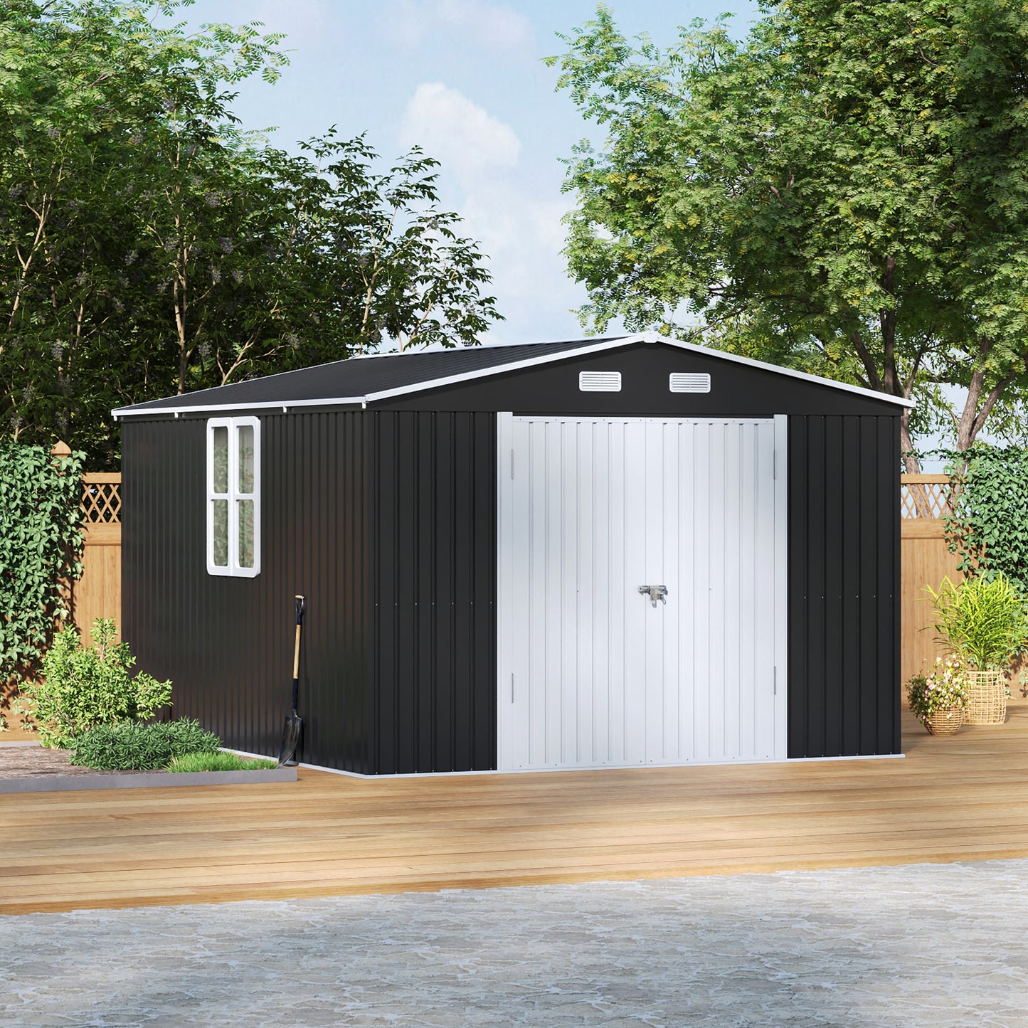 10ft Metal Garden Storage Shed with Apex Roof & Double Doors